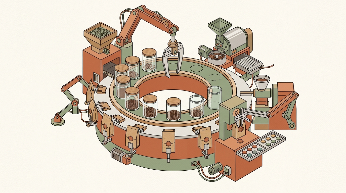 Vector illustration of an automated sorting carousel packaging verified items for reliable quality control.
