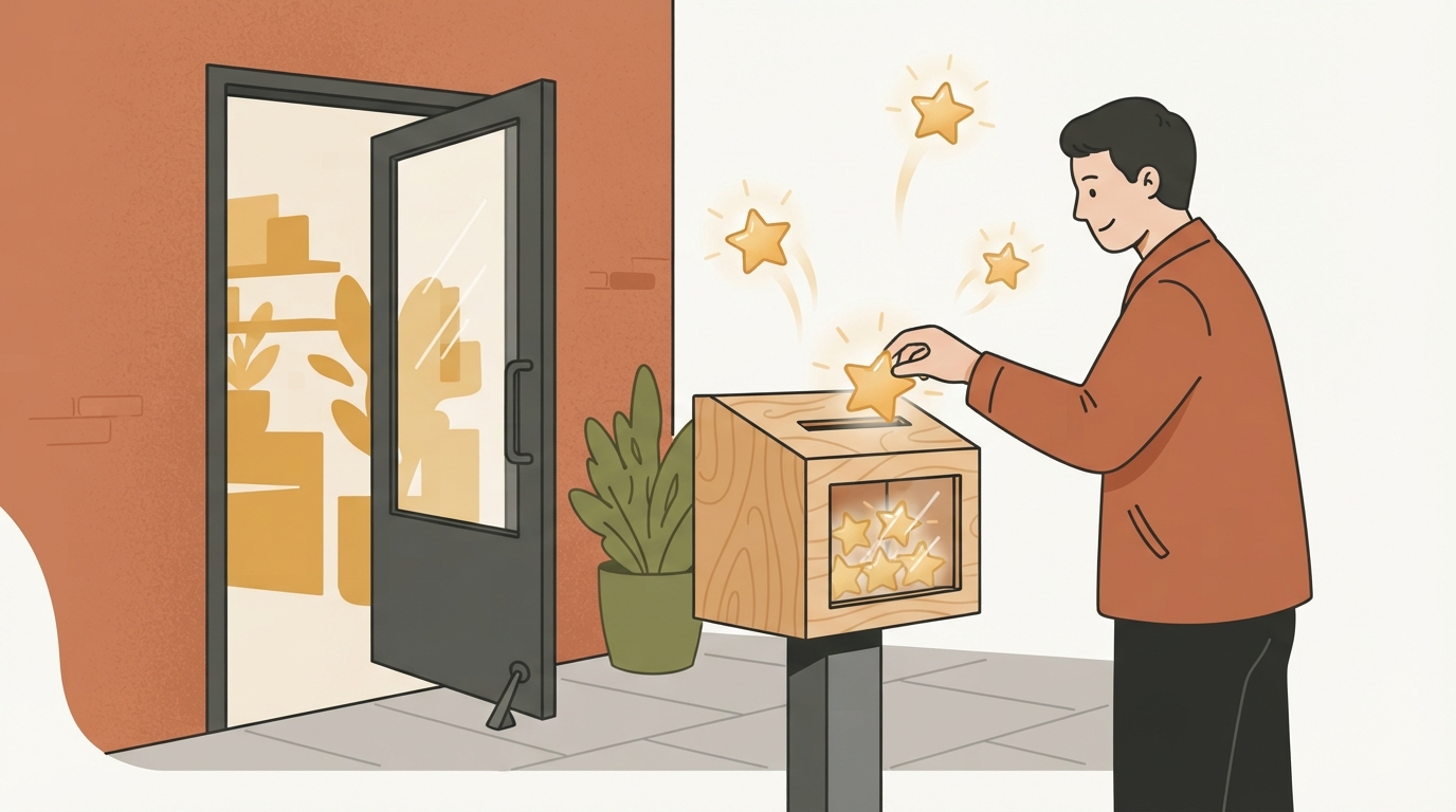 Customer dropping a glowing rating star into a collection box illustrating local review velocity.