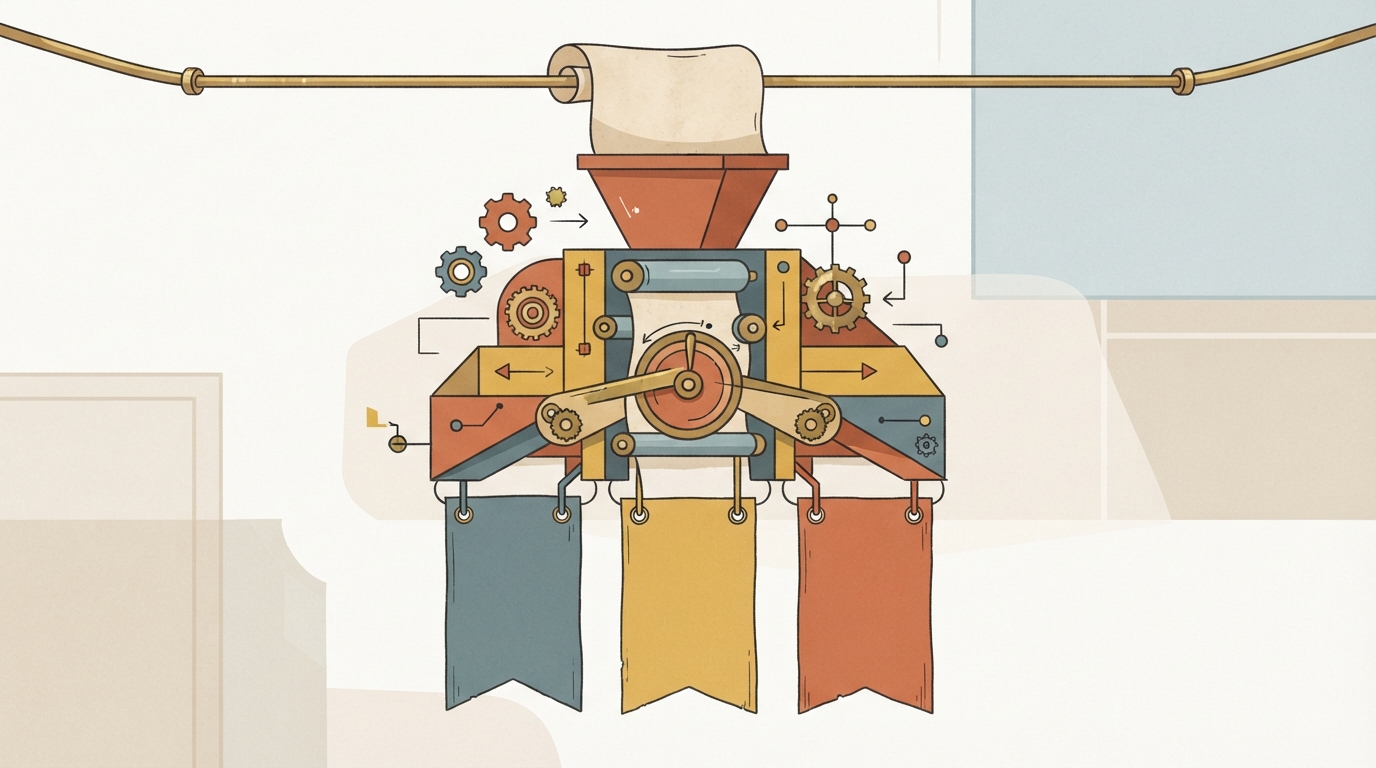 Editorial illustration of a single longform article splitting into multiple social content formats automatically