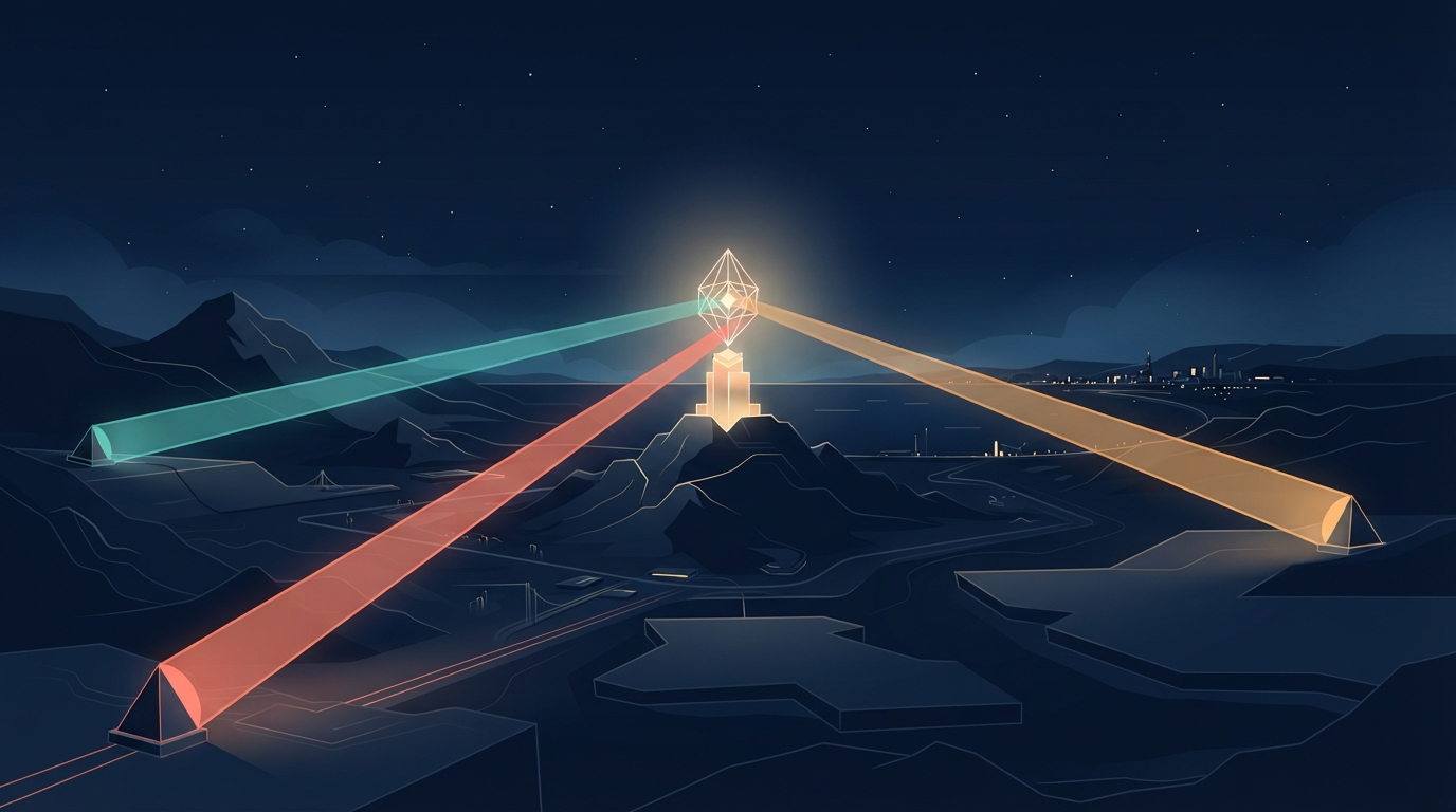 Illustration of multiple AI search engine visibility paths converging on a single brand.