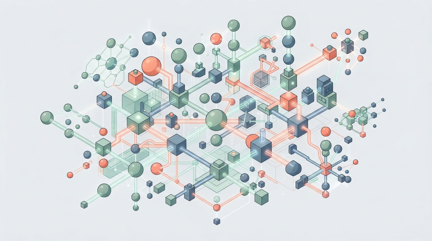 Minimalist visual diagram of an automated structured data schema and internal link graph.