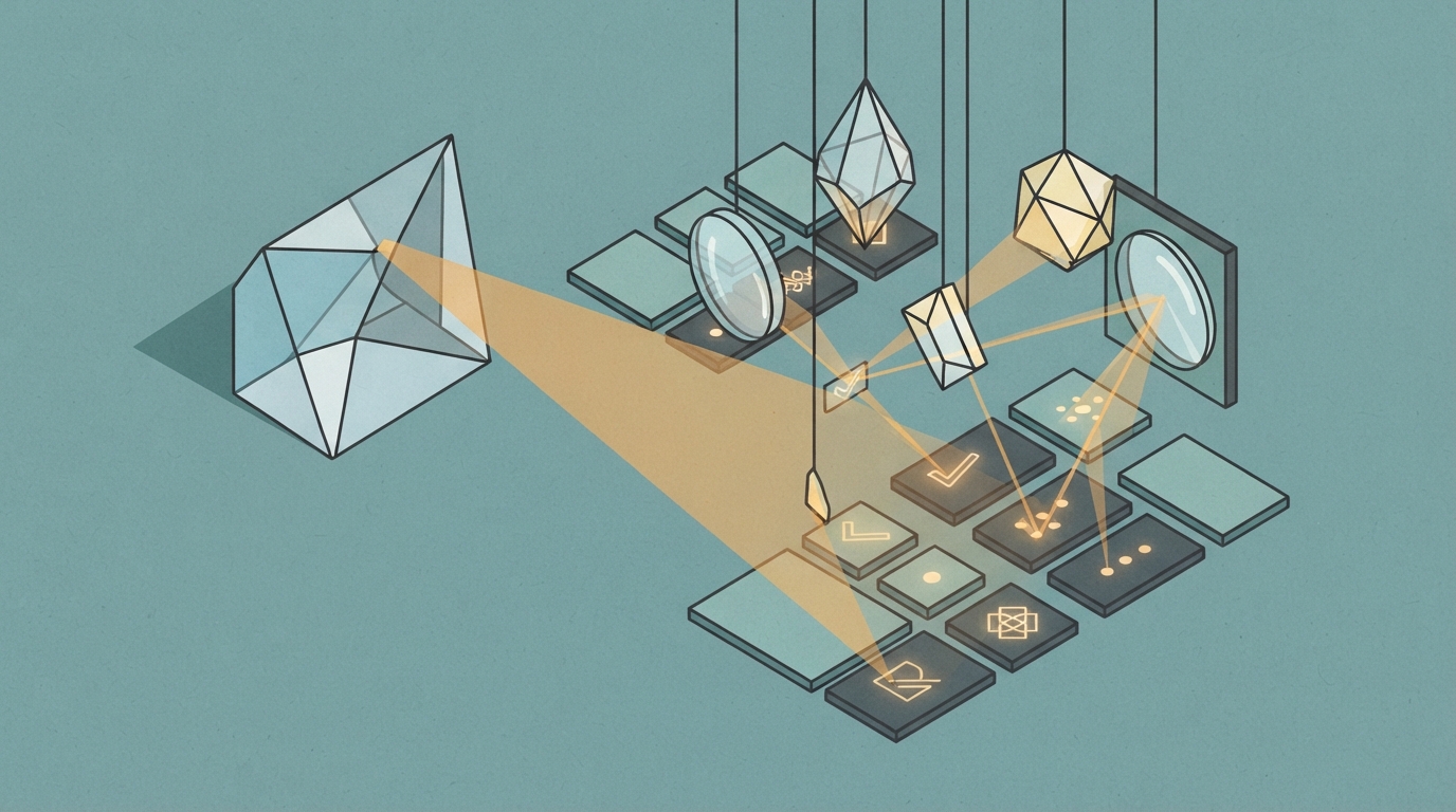 Illustration of a precision optical prism verifying factual accuracy in AI search citations.
