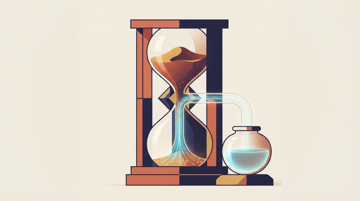 Editorial illustration representing time savings and efficiency gained from automated SEO workflow pipelines.