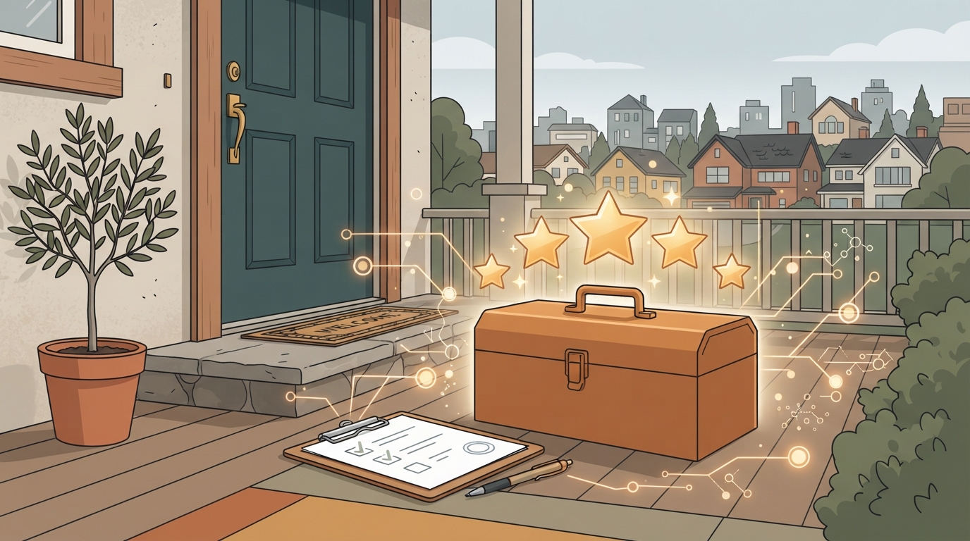 Editorial illustration of job tools and glowing review stars connecting local field work to SEO.
