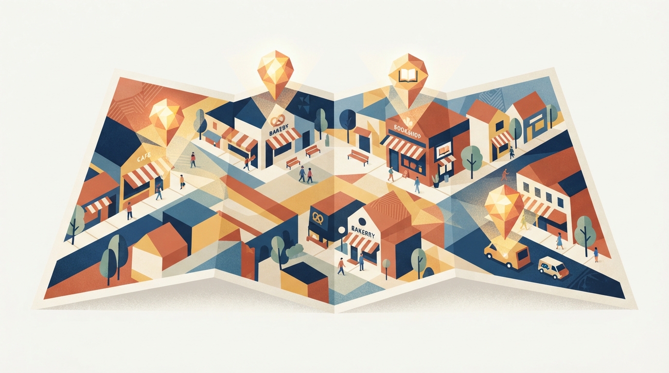 Vector illustration of a neighborhood map with geo-pins marking local businesses for search visibility.