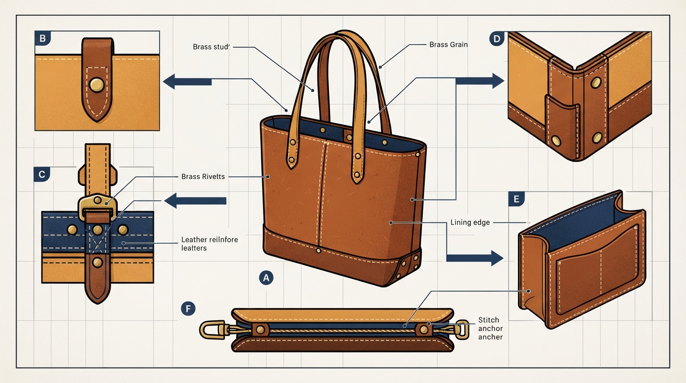 Structured product attributes and detailed schema representation for an artisanal boutique leather bag.