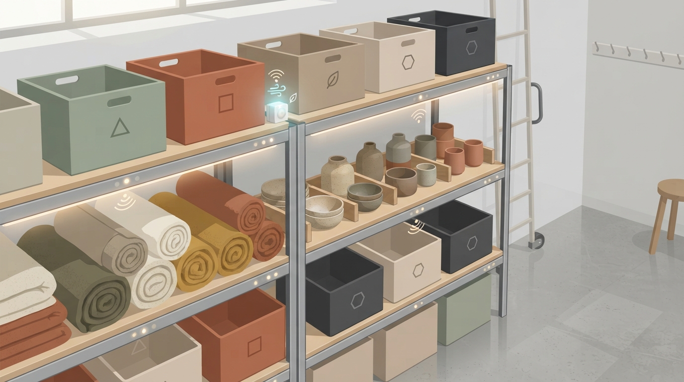Clean, organized boutique inventory shelving representing ecommerce inventory hygiene and automated catalog updates.
