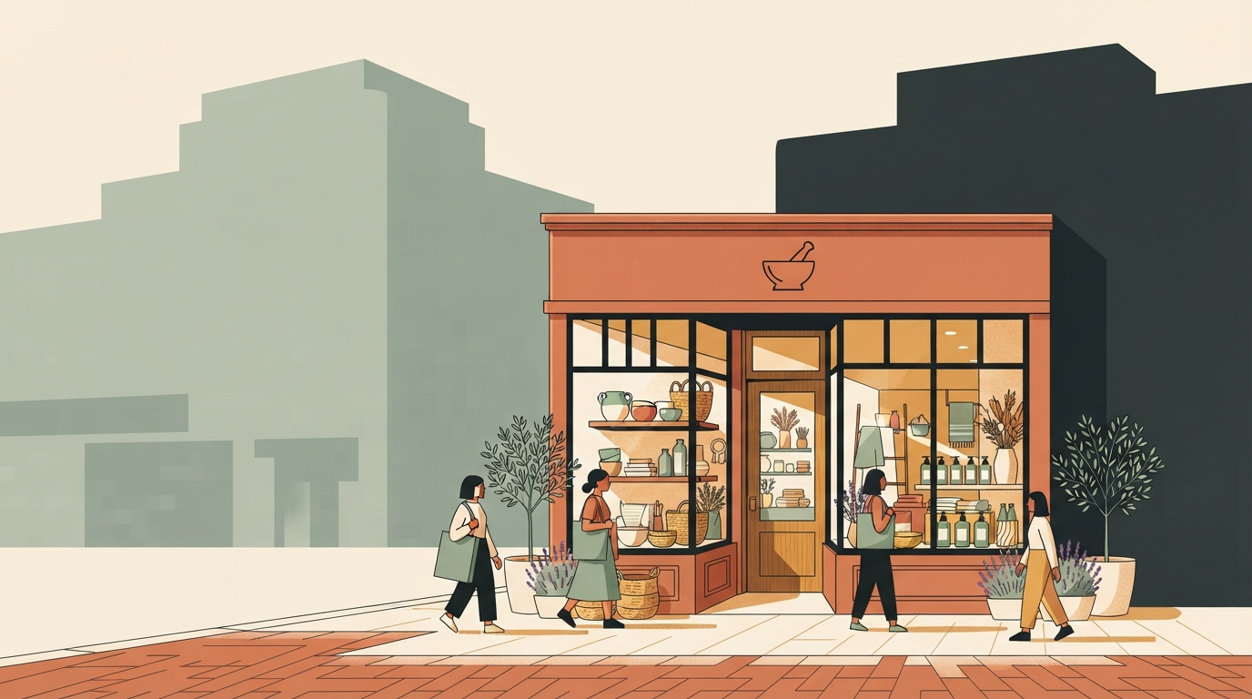 Artisanal boutique storefront competing against giant retail stores for niche ecommerce search traffic.