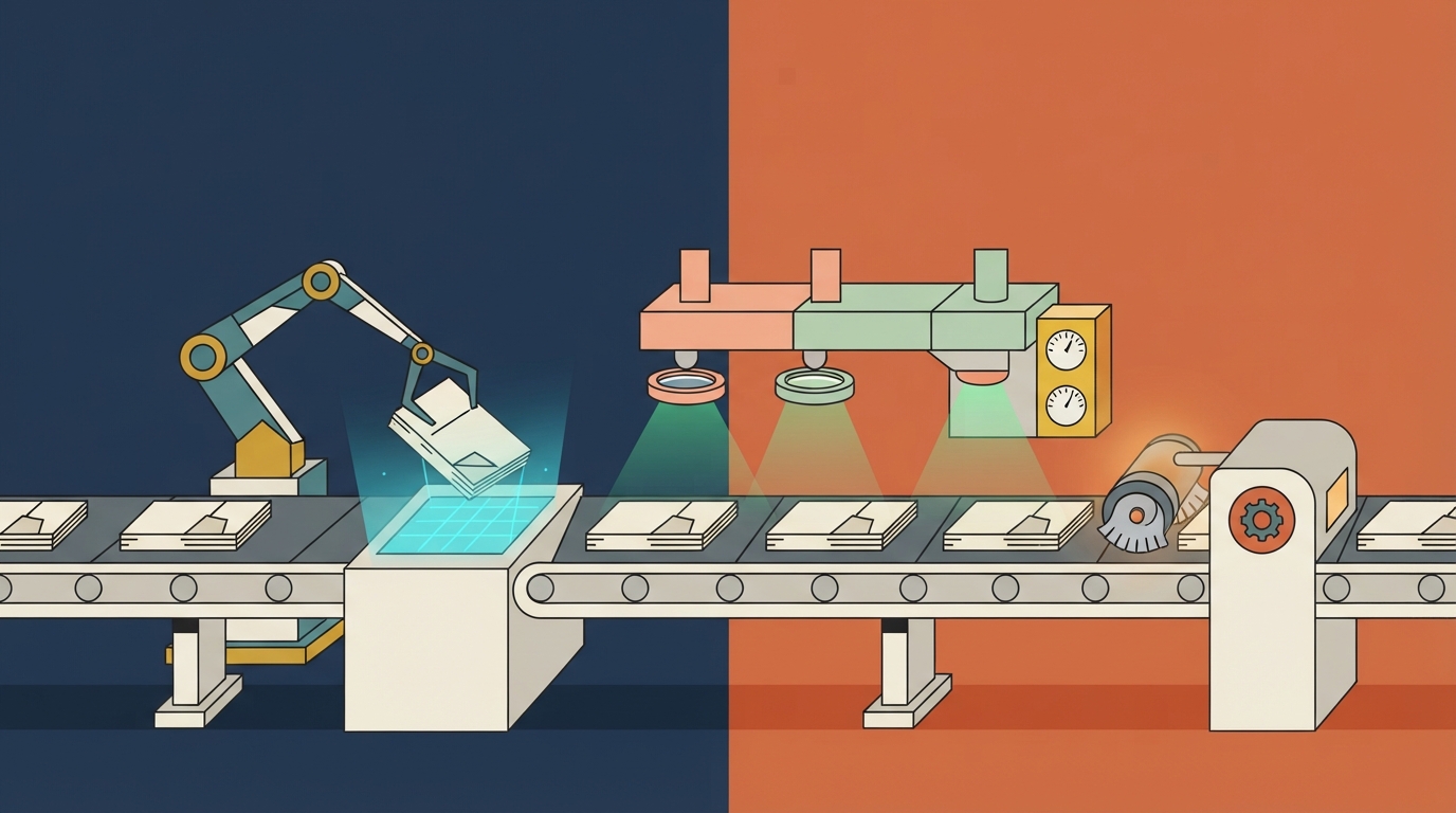 Editorial illustration of an automated content assembly line systematically refining and checking blog drafts.