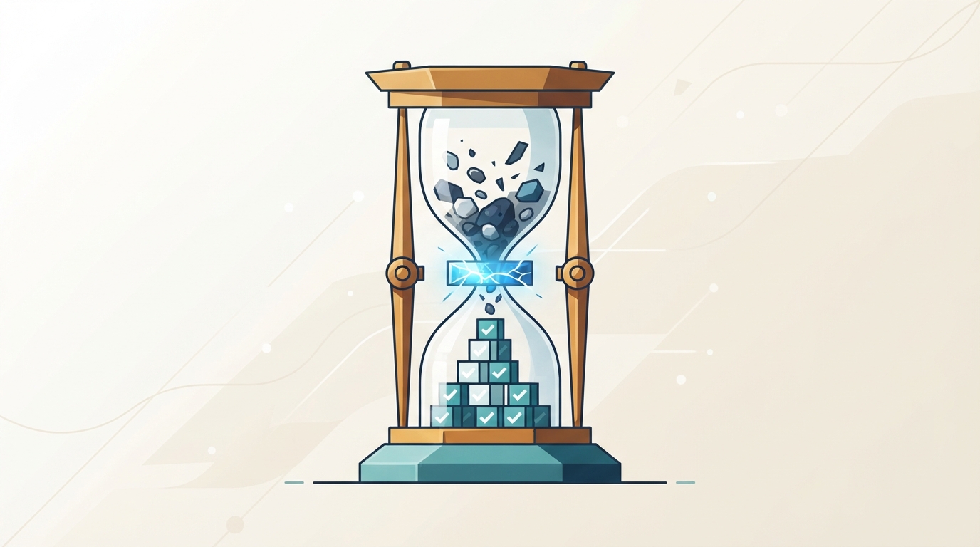 Editorial illustration depicting rapid content verification workflow and automated time savings for founders.