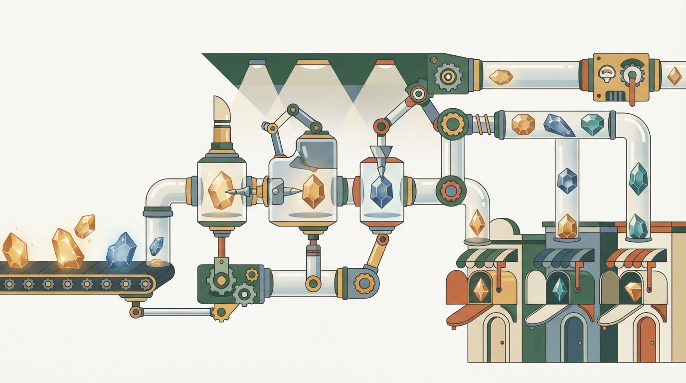 Editorial illustration showing an automated pipeline transforming raw keywords into published articles for online stores.