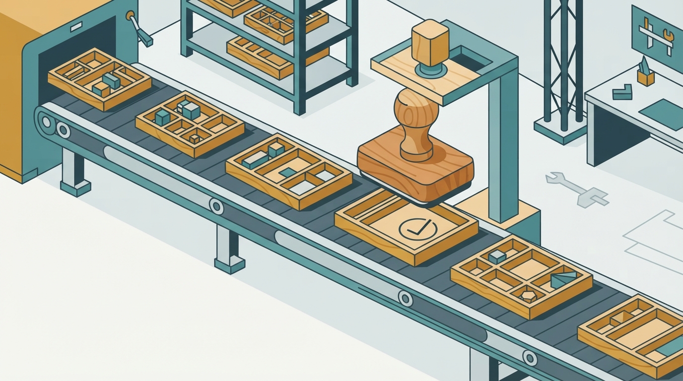 Flat vector illustration of a review queue approving automated social media drafts.