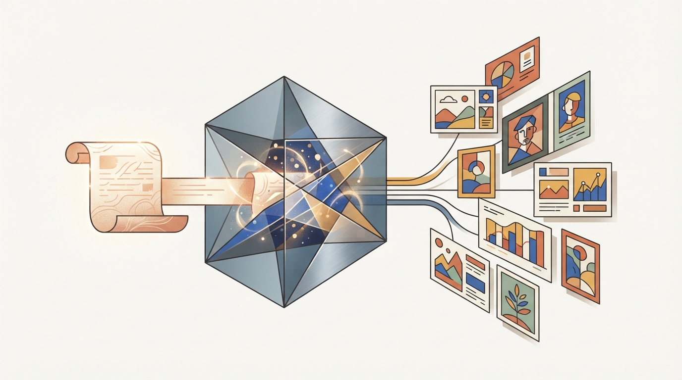 Editorial illustration showing a central document splitting into multiple formatted social media content cards.
