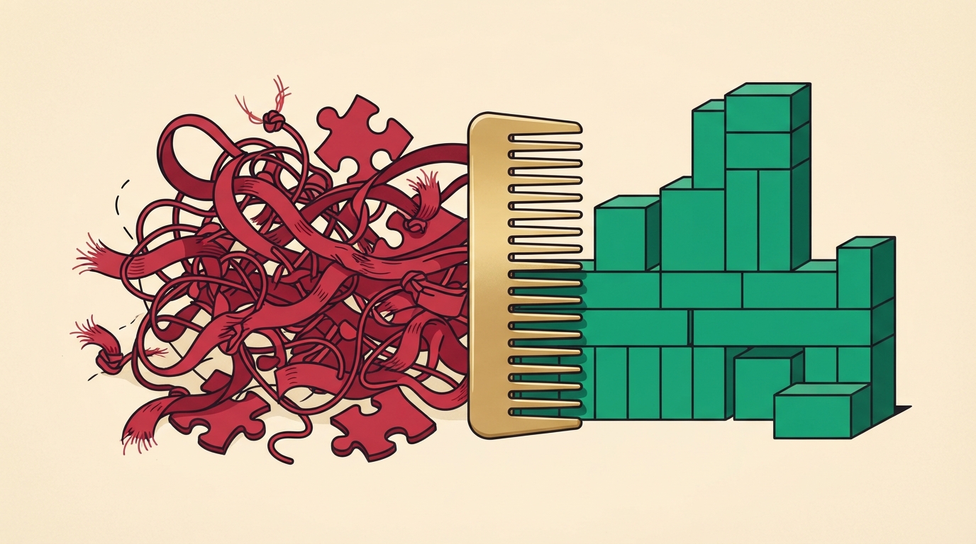 Vector graphic showing tangled red lines transforming into organized green blocks for content efficiency.