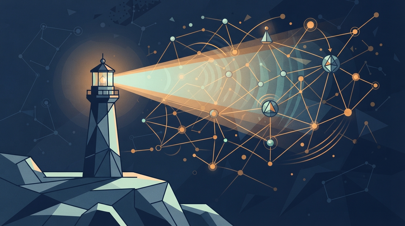 Editorial illustration of a geometric lighthouse signaling through an interconnected digital network node.