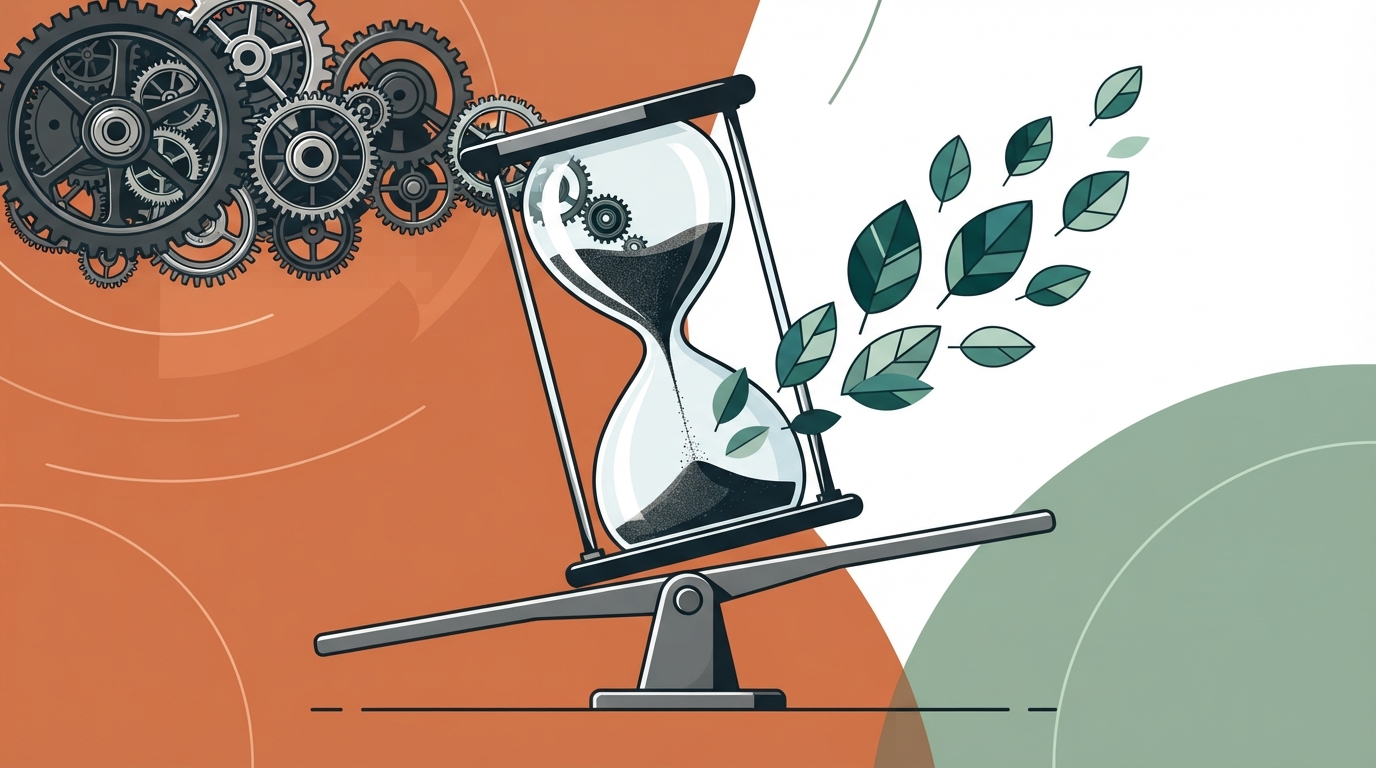 Minimalist vector illustration of an hourglass balancing time savings for automated SEO systems.
