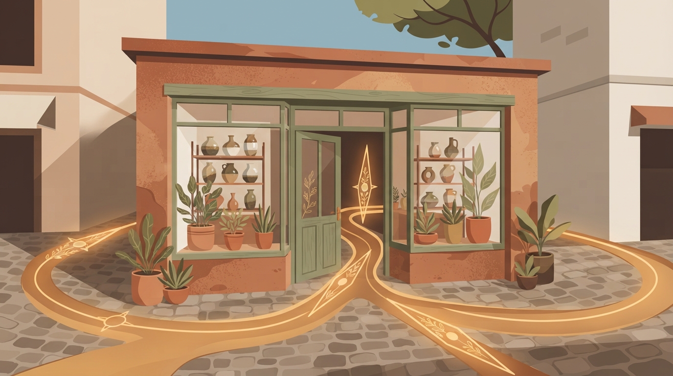 Artisanal boutique store entrance with ceramic pottery receiving organic search engine traffic pathways.