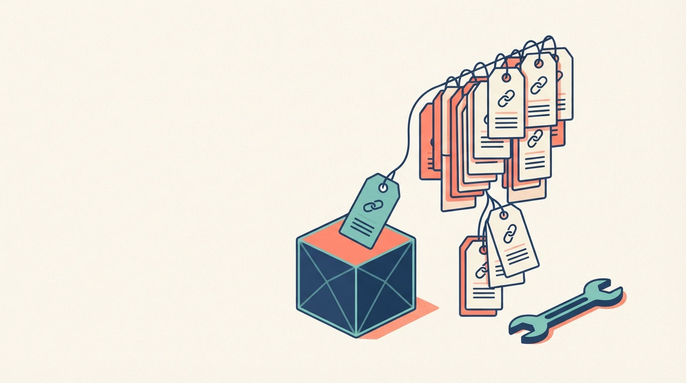 Duplicate product link tags on a wire beside a wrench for quick fixes