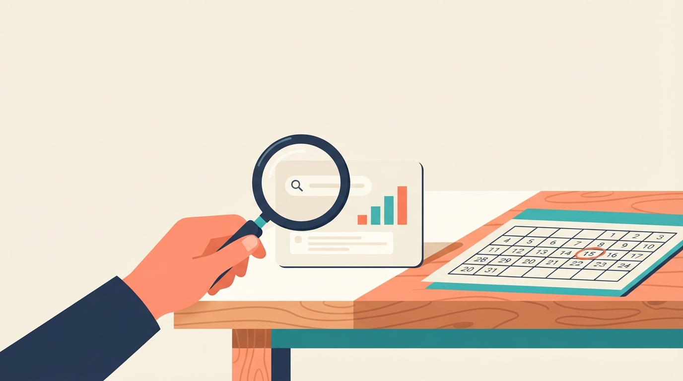 Hand with magnifying glass checking a search results chart and monthly calendar