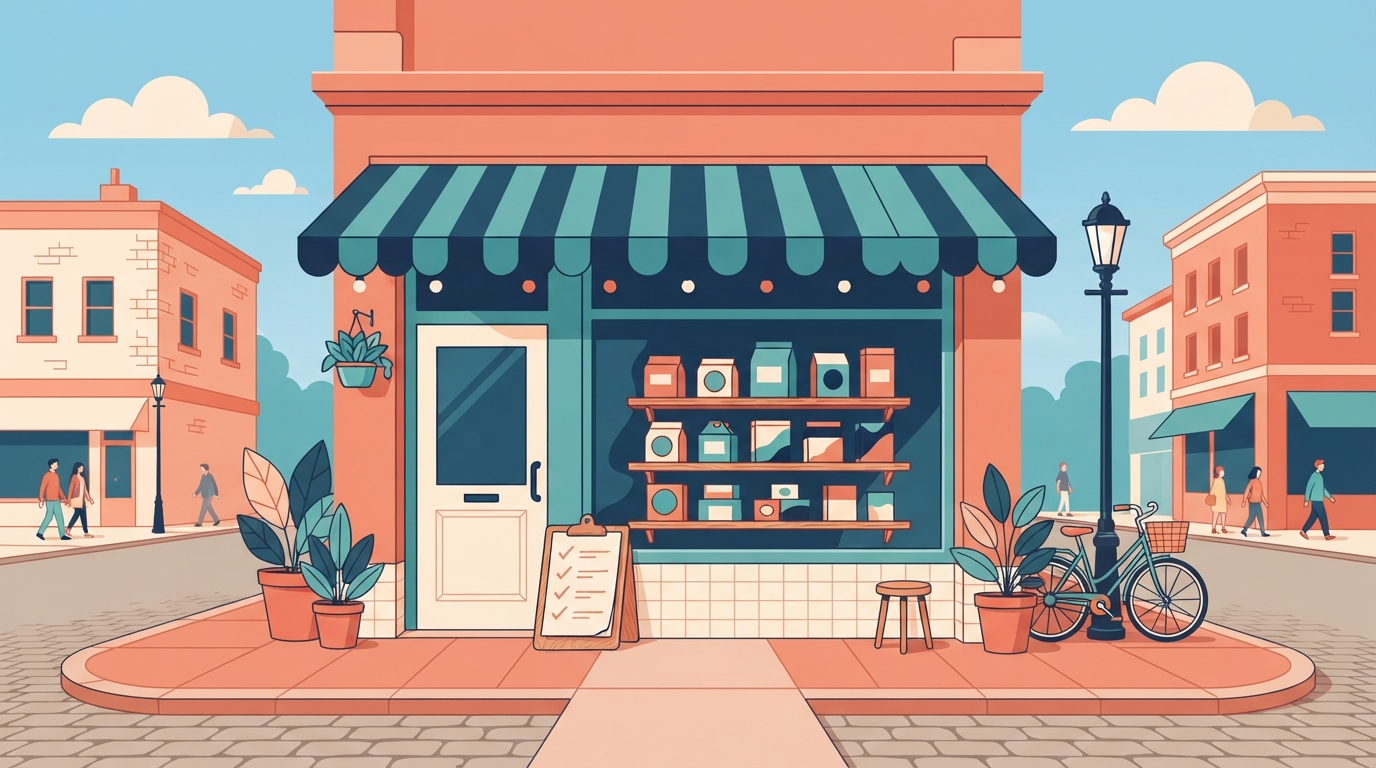 Small independent Shopify storefront with a checklist on a sunny street corner
