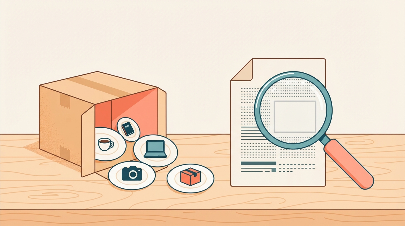 Magnifying glass checking a product page's visible text against an empty blank outline