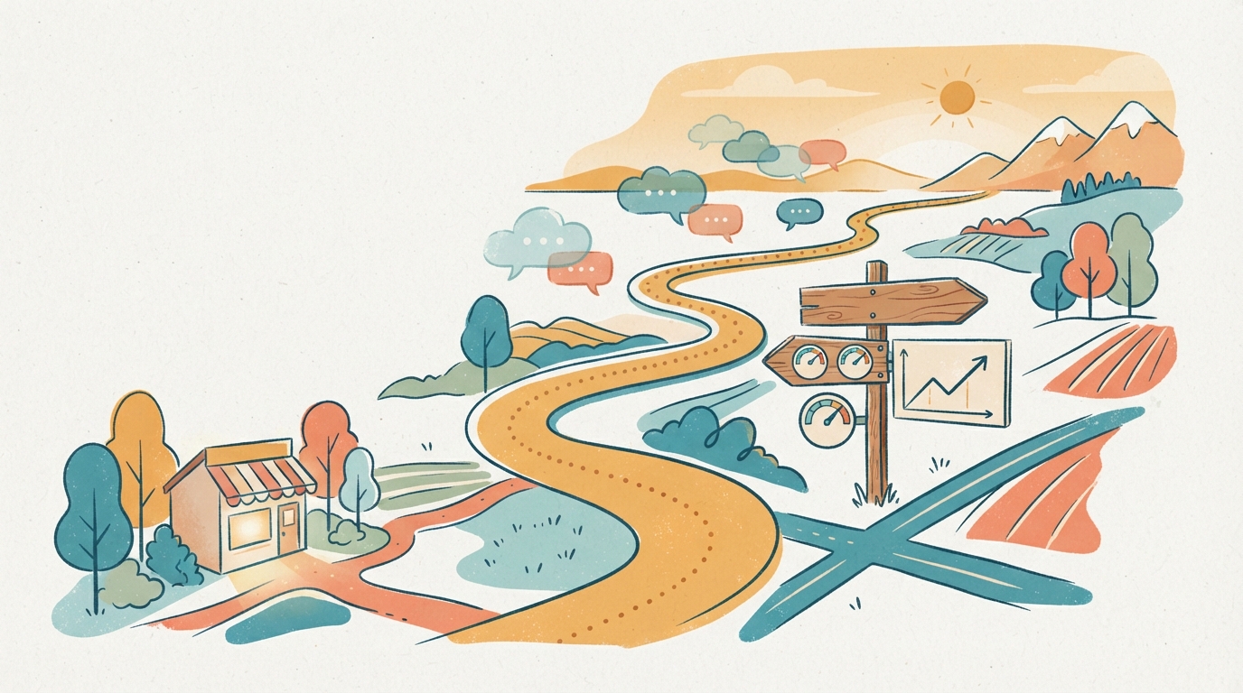 Storefront road sign with rising chart and shifting speech bubbles over a winding path