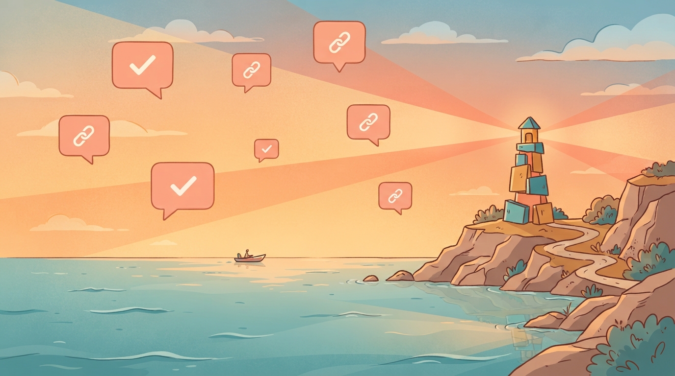Illustrated lighthouse beaming light onto floating citation bubbles over calm water at sunset