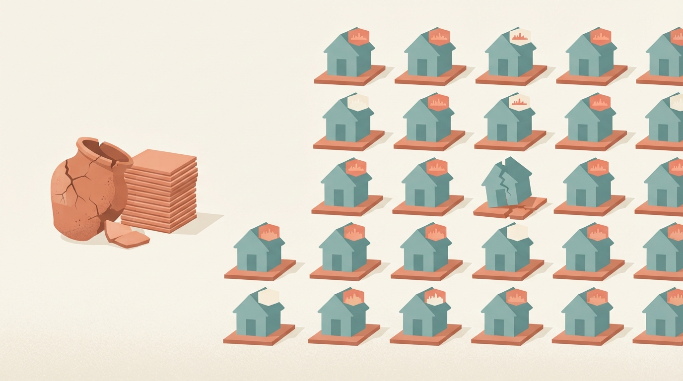 Repetitive identical house tiles in a grid, one cracked, showing templated page farm risk