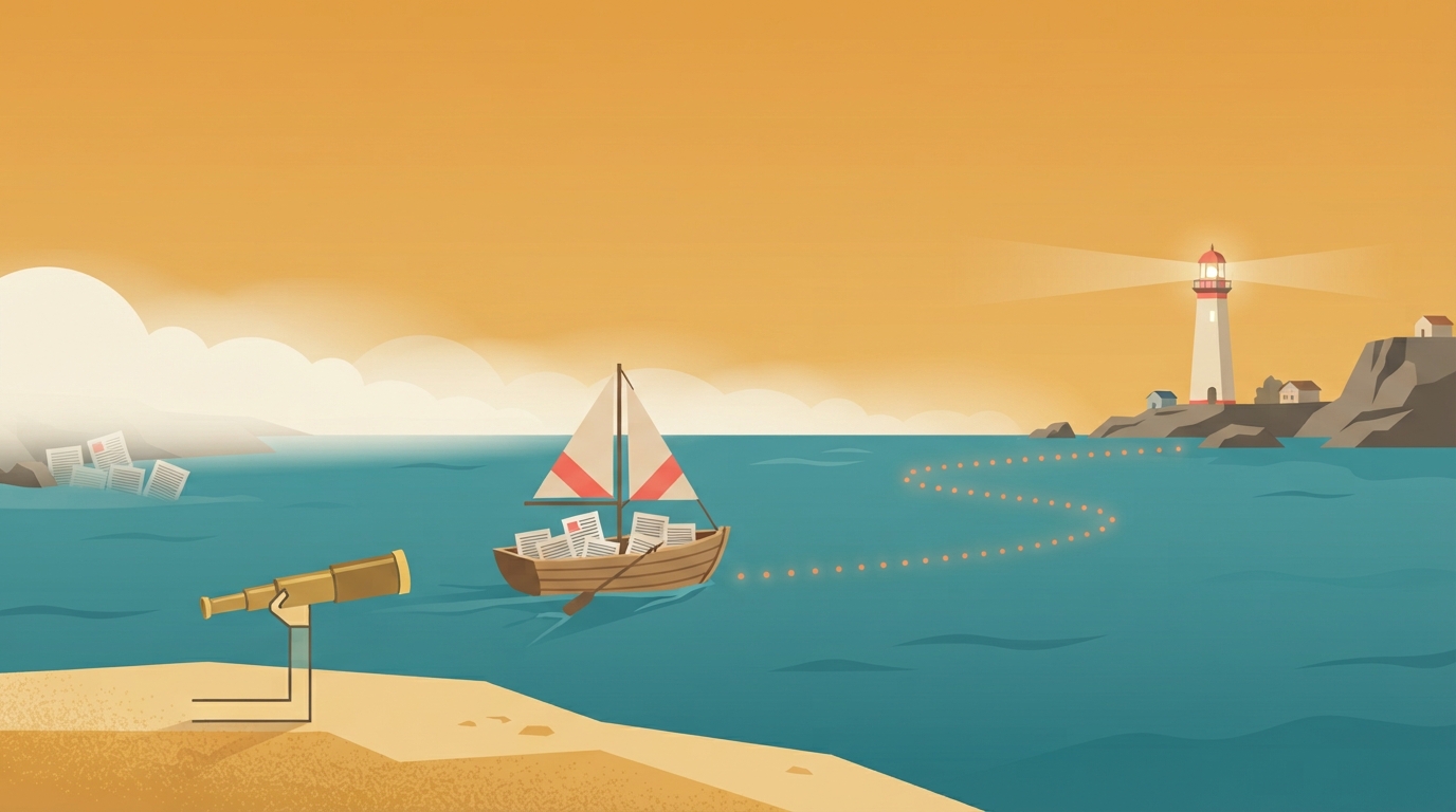 Small boat of article pages sailing toward a lighthouse representing search indexing delays