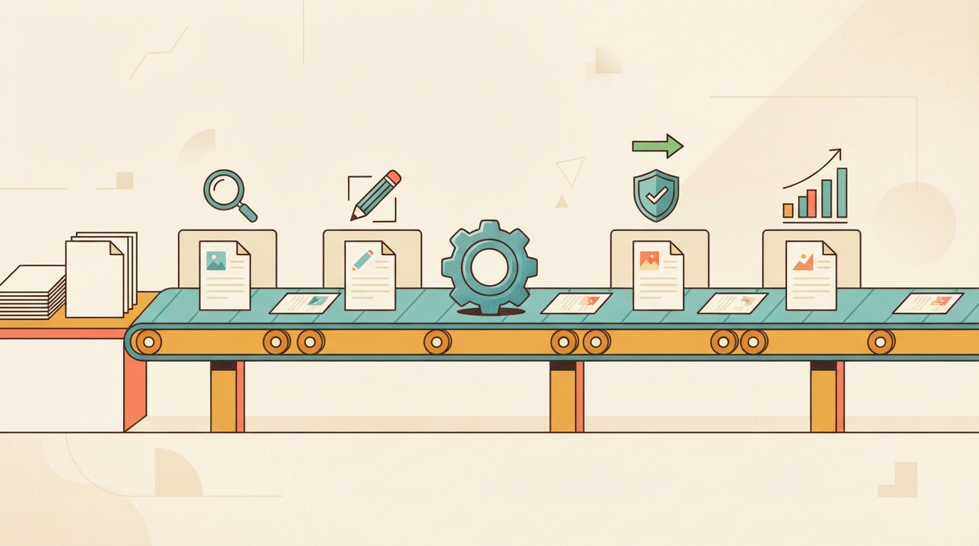 Illustrated pipeline of article cards moving through research, drafting, and human review stations