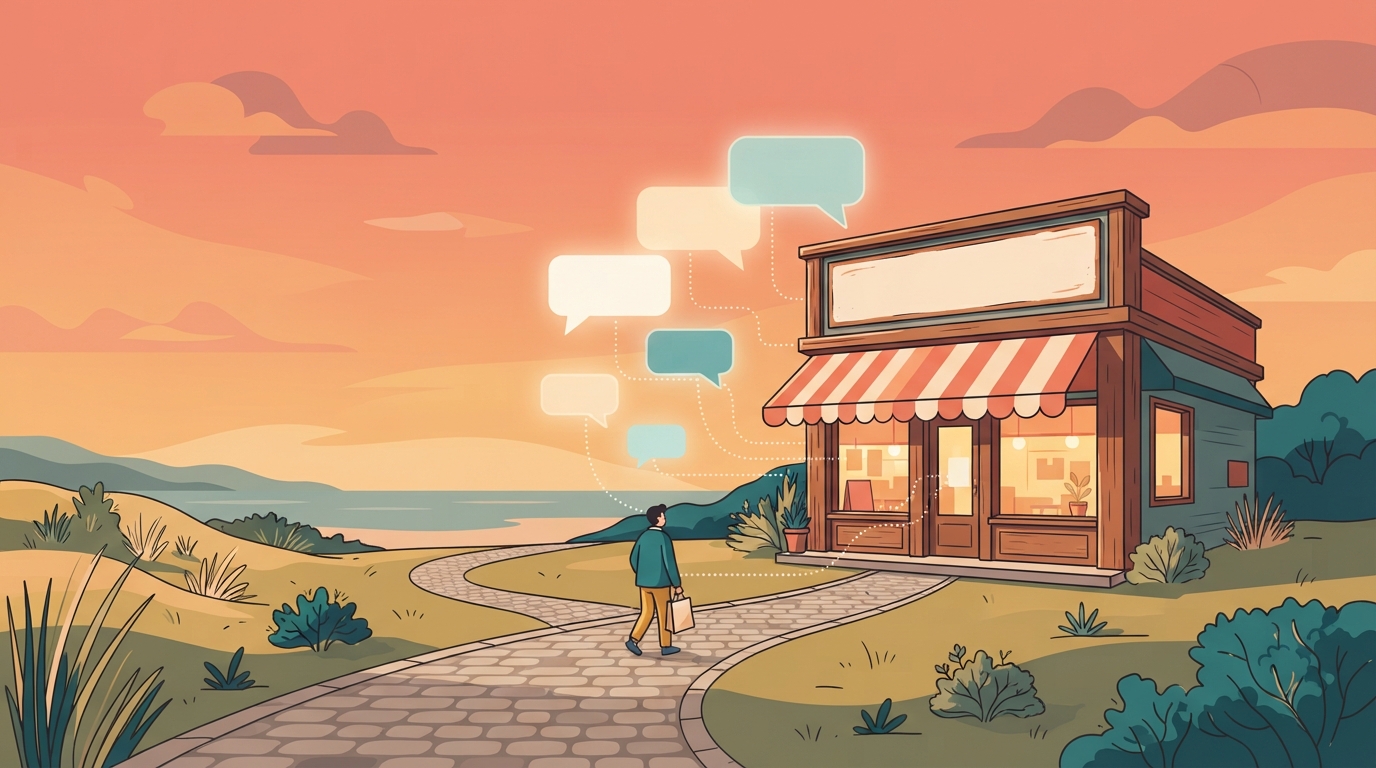 Illustrated storefront connected by glowing speech bubbles, showing how a small business gets recommended