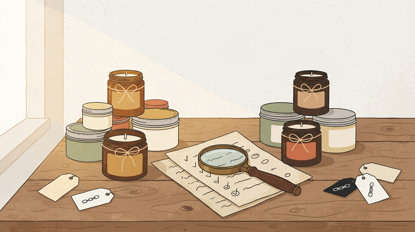 Handmade soy candles beside a magnifying glass over a list of source links