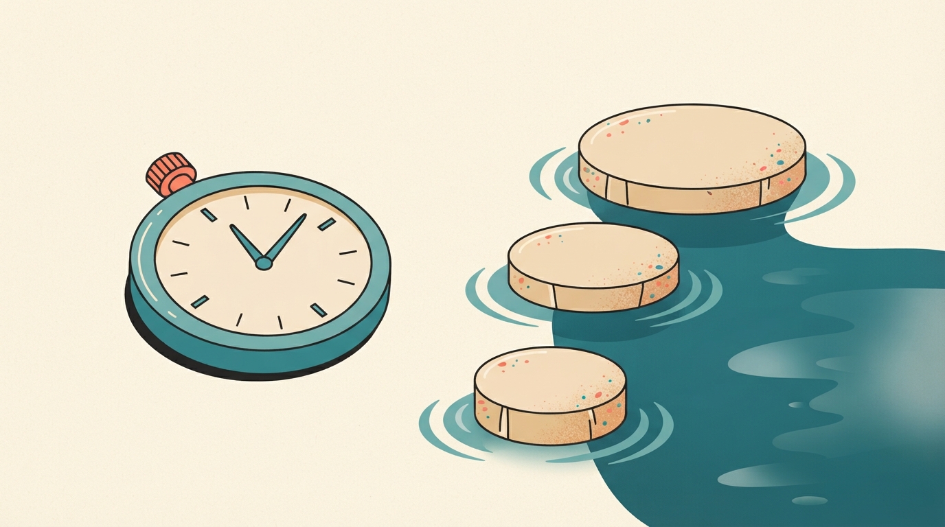 Stepping stones across a pond and a stopwatch representing SEO stages over time