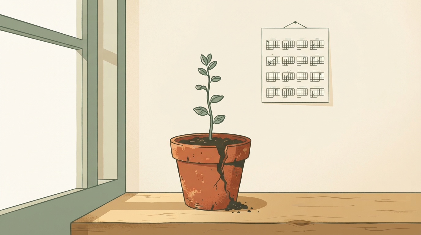 Seedling growing slowly from a pot, illustrating a realistic SEO timeline for founders