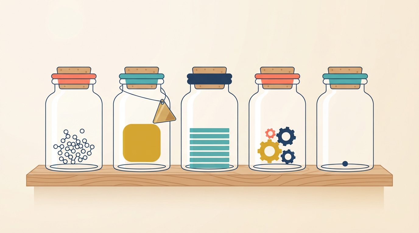 Five glass jars with different shapes comparing auto-blogging tools side by side