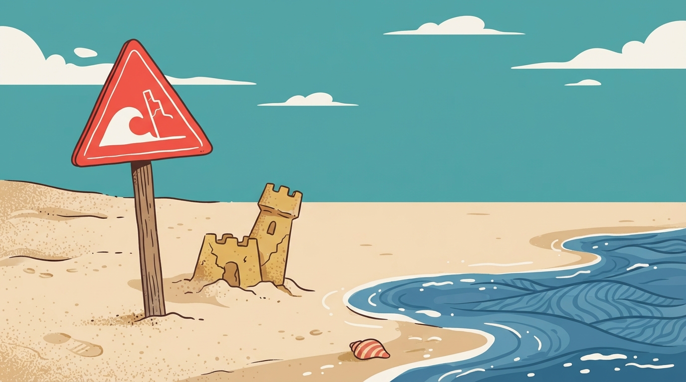 Cracked sandcastle near rising tide beside a warning sign about risky unreviewed content
