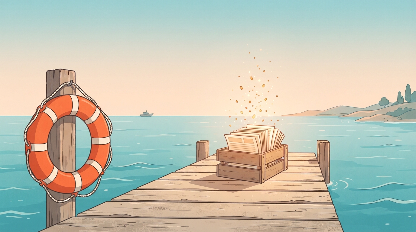 Wooden dock with stacked blog pages and a life ring, representing choosing an auto-blogging tool safely