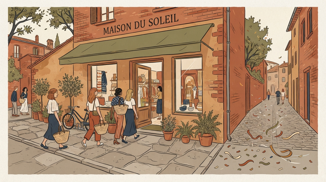Purposeful shoppers walking along a stone pathway toward a storefront demonstrating high-converting search intent.