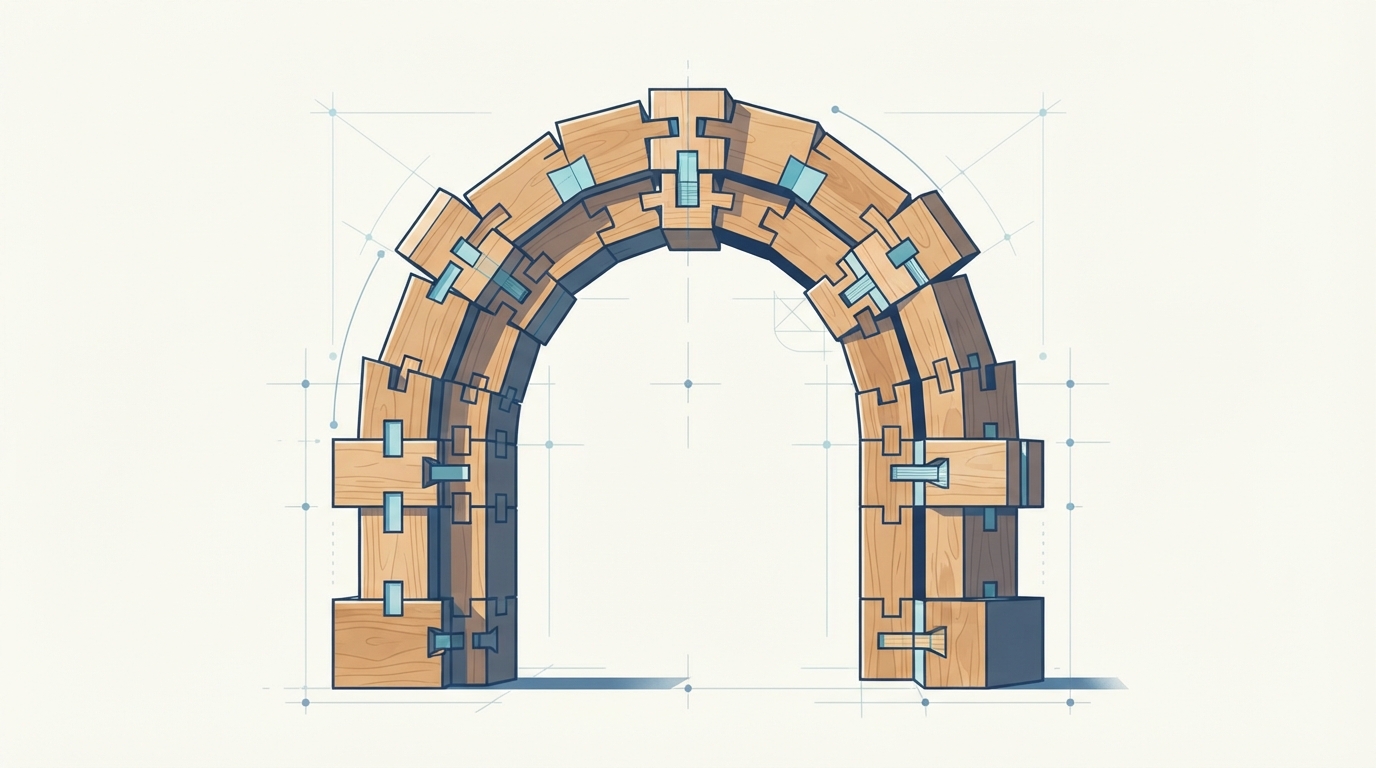 Structured modular interlocking wooden blocks forming a balanced archway representing technical schema markup.