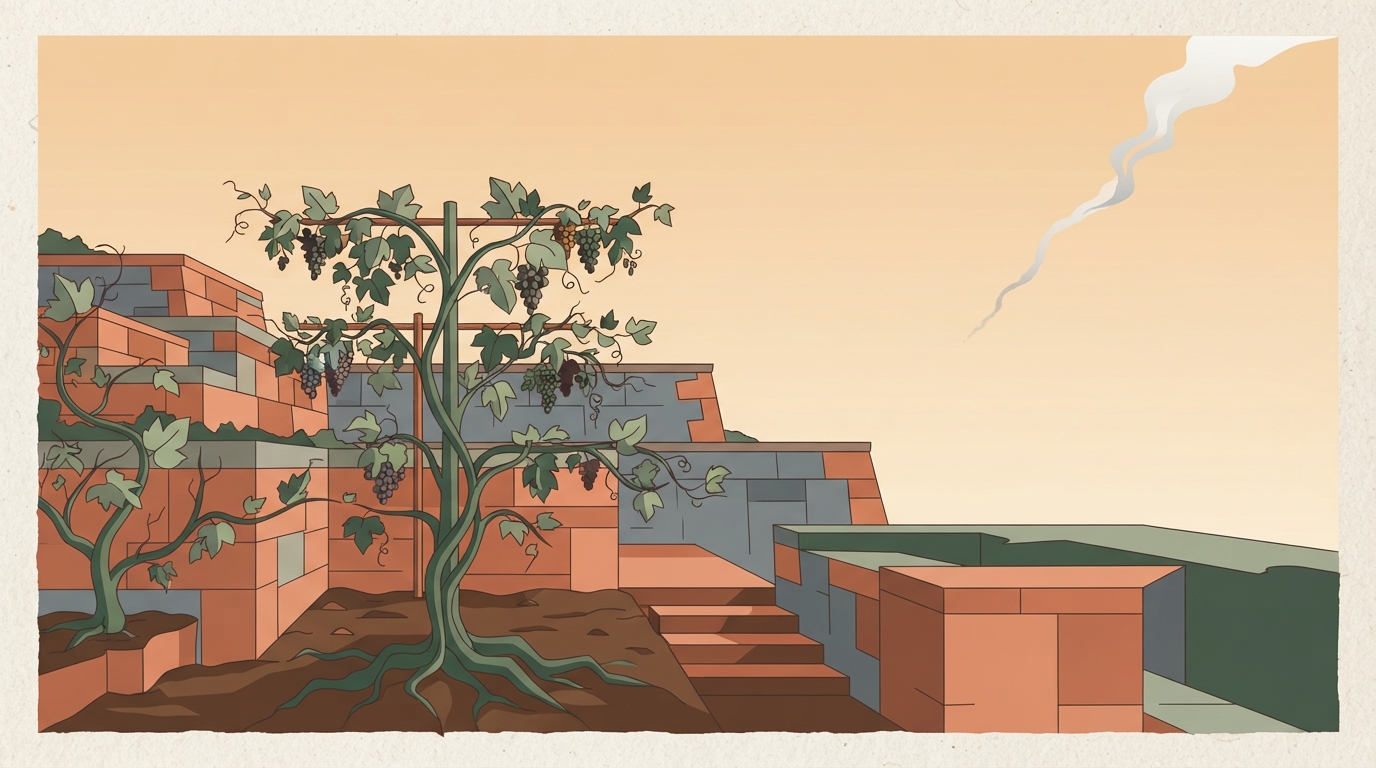 Terraced garden with climbing vines illustrating compounding organic growth versus temporary fading viral spikes.