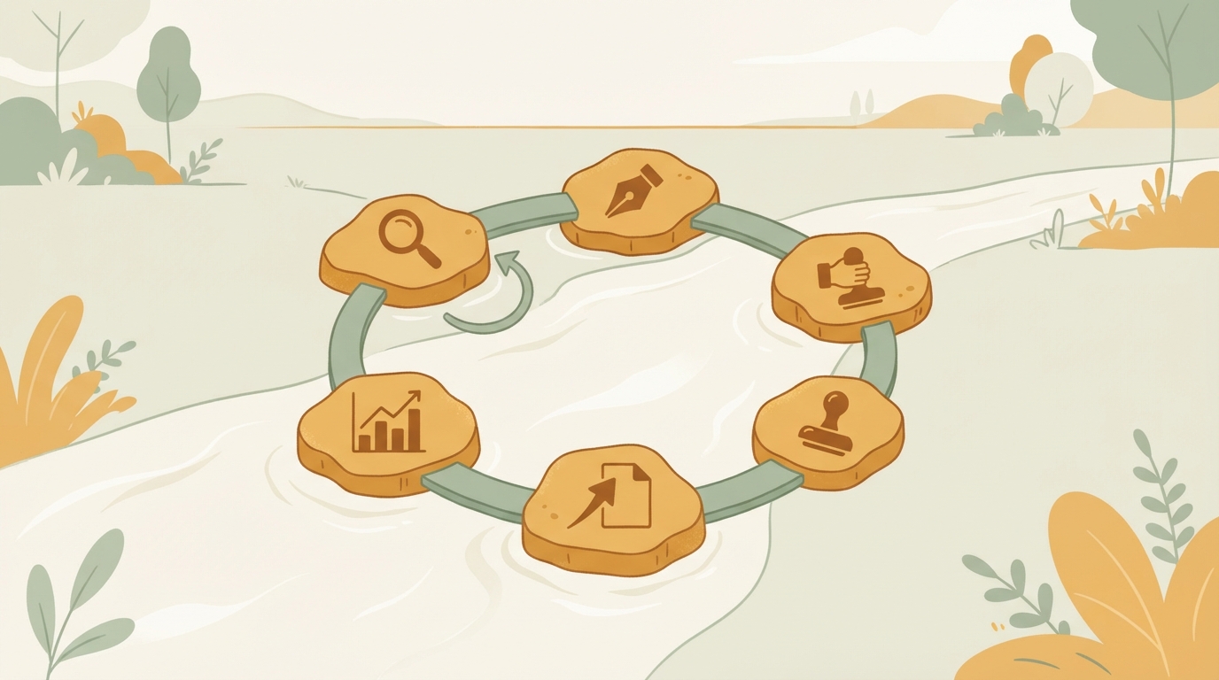Five stepping stones forming a closed loop across a stream, showing keyword research to analytics feedback