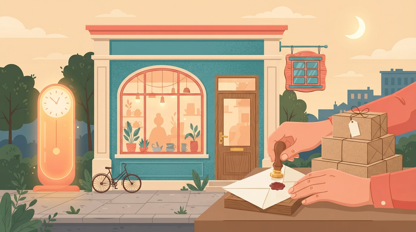Small shop storefront with a stamped approval letter and stacked boxes at golden hour