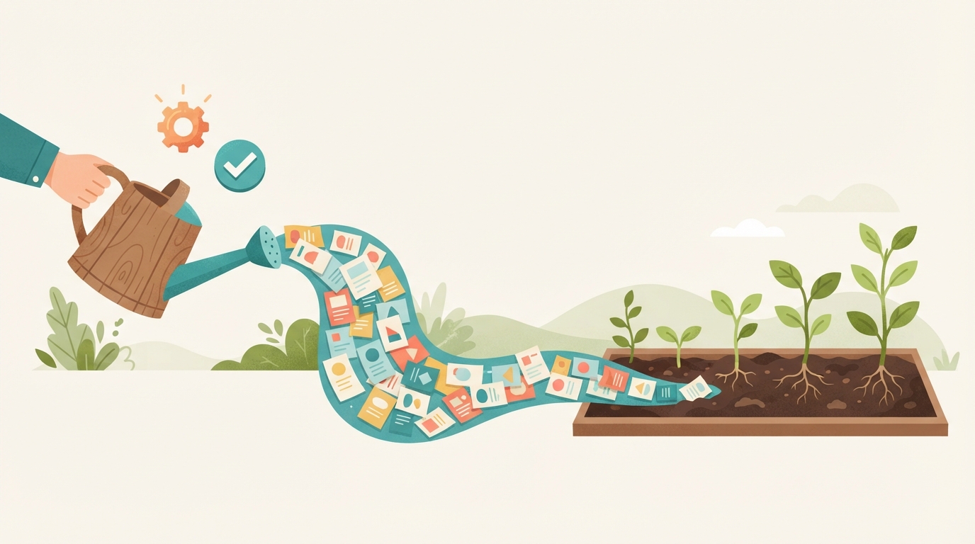 Illustration of automated SEO articles flowing like water to growing seedlings with a human approval checkmark