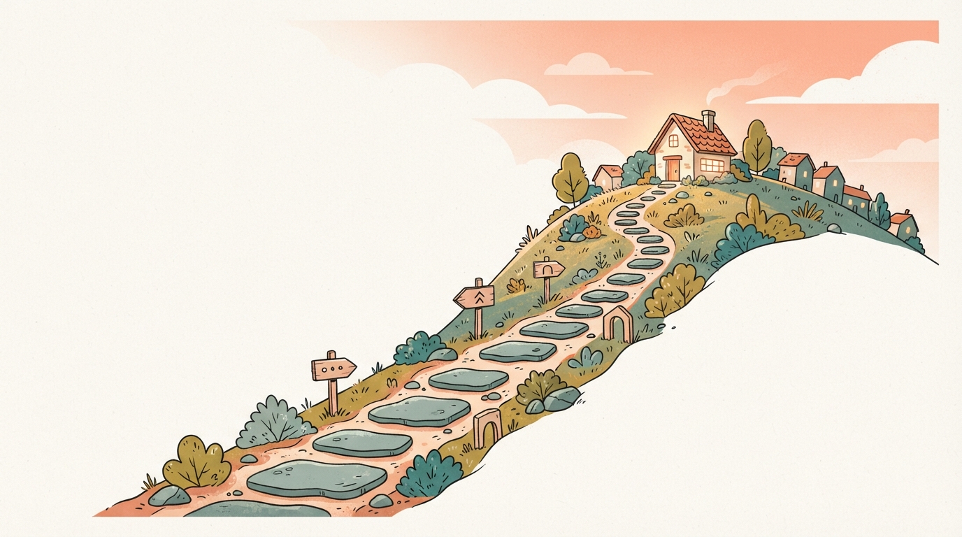 Winding hillside path leading to a small cottage, illustrating climbing winnable keywords from a low start