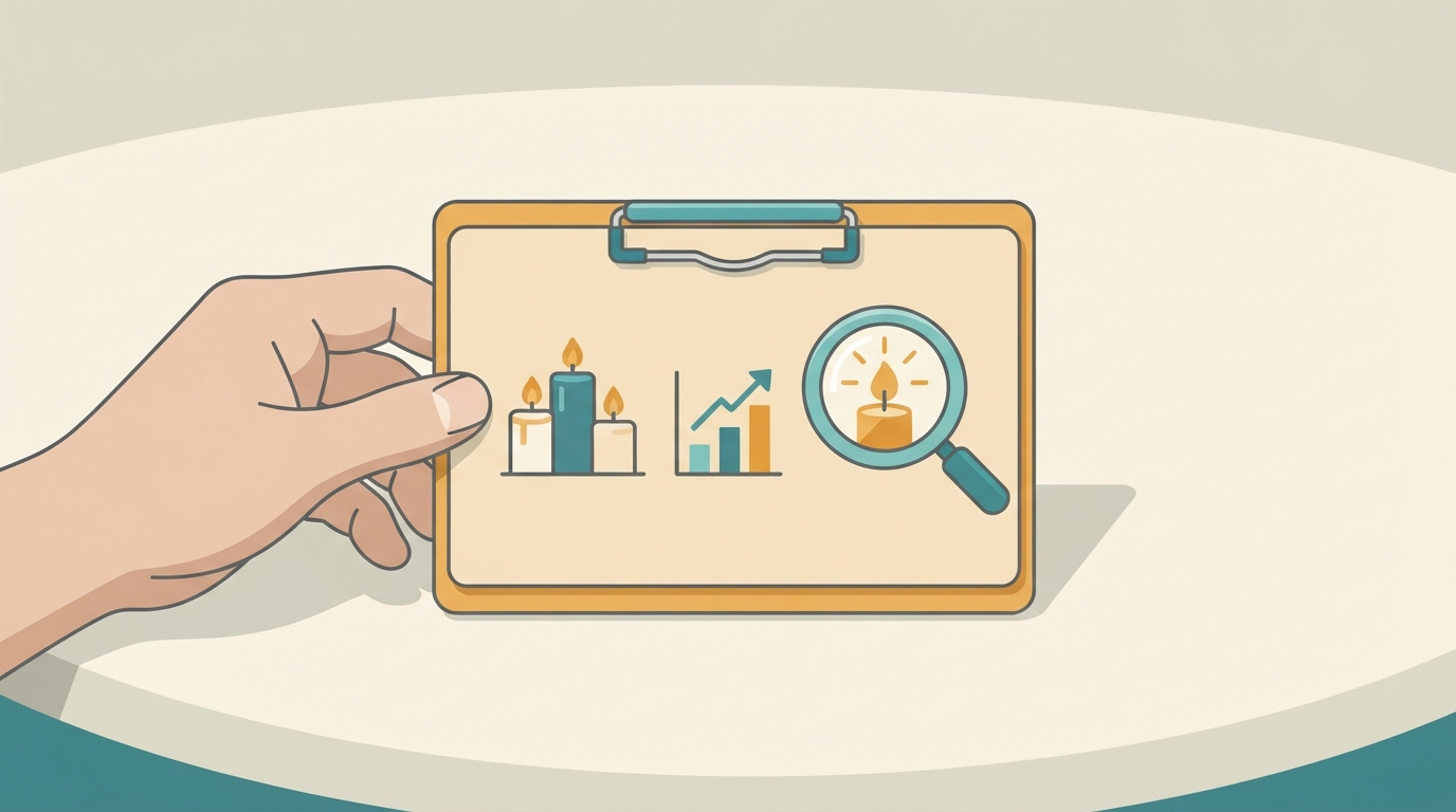 Magnifying glass selecting a candle topic among icons for choosing winnable Shopify SEO keywords