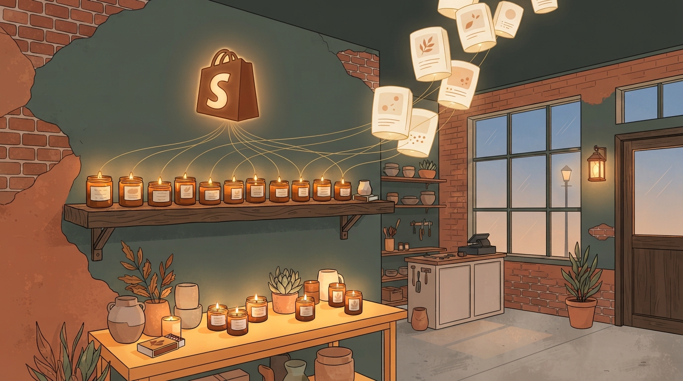 Candles on a shelf linked by glowing threads to floating blog pages, representing automated Shopify SEO