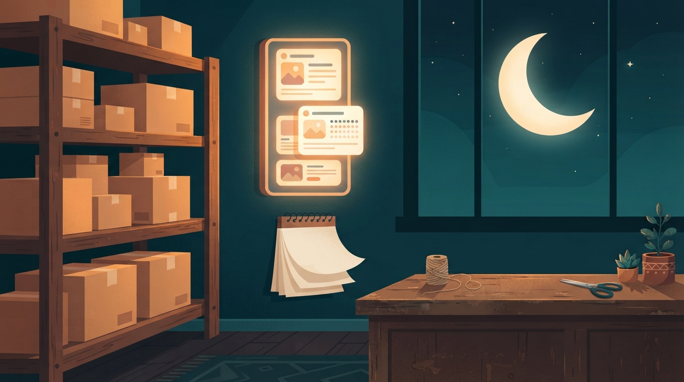Packed shipping boxes and a quiet evening scene representing an automated WordPress blog workflow