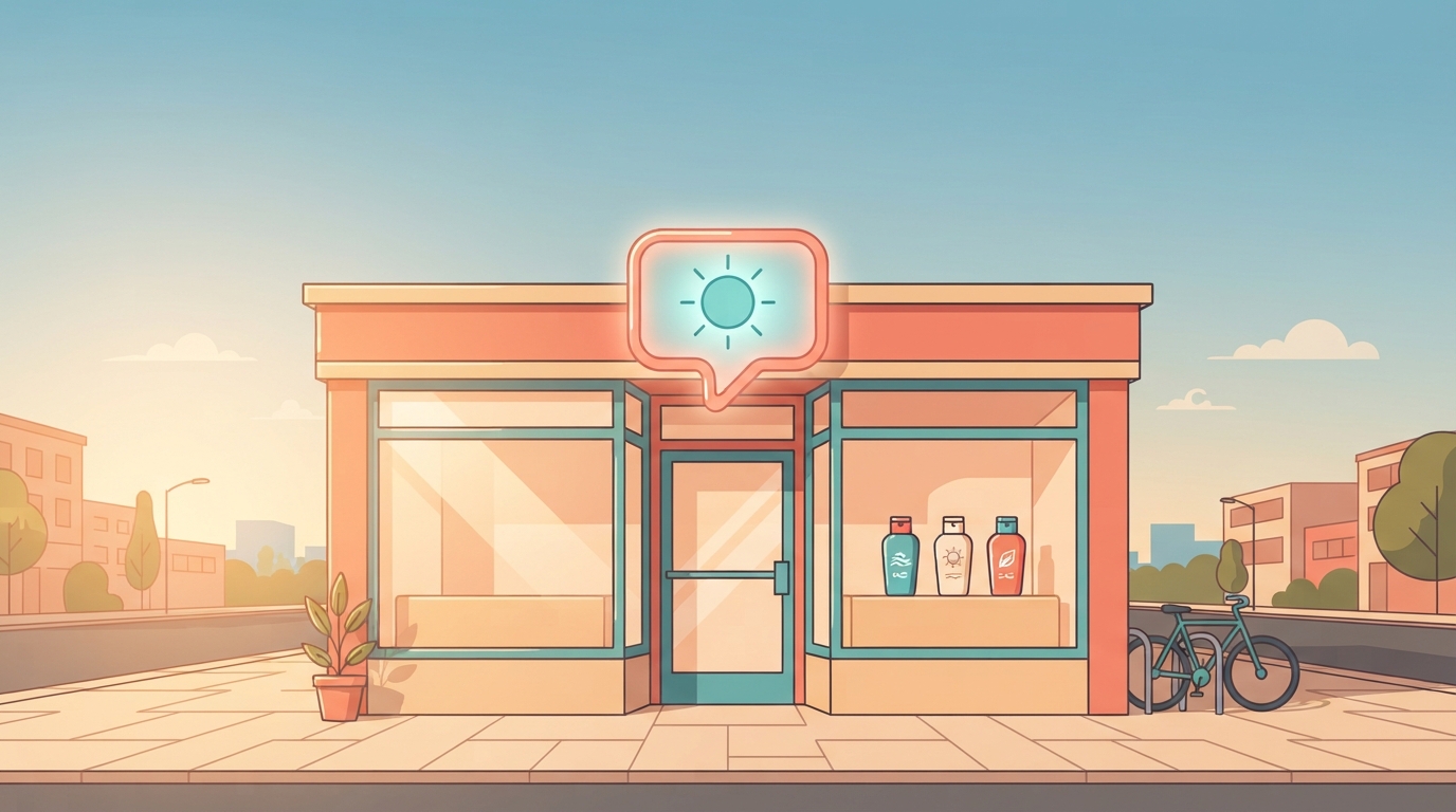 Small sunscreen shop storefront with a glowing answer bubble above its door