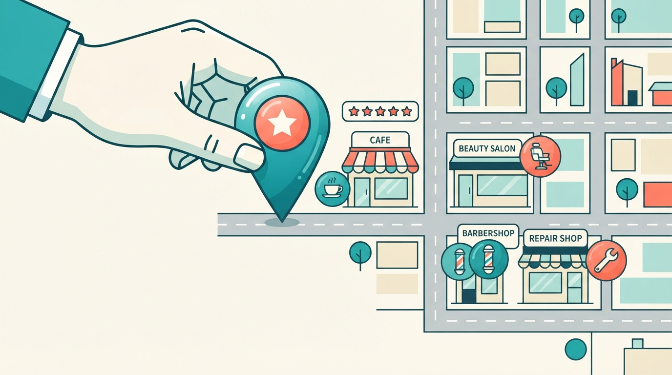 Hand placing a map pin among local shop icons with review stars and listings
