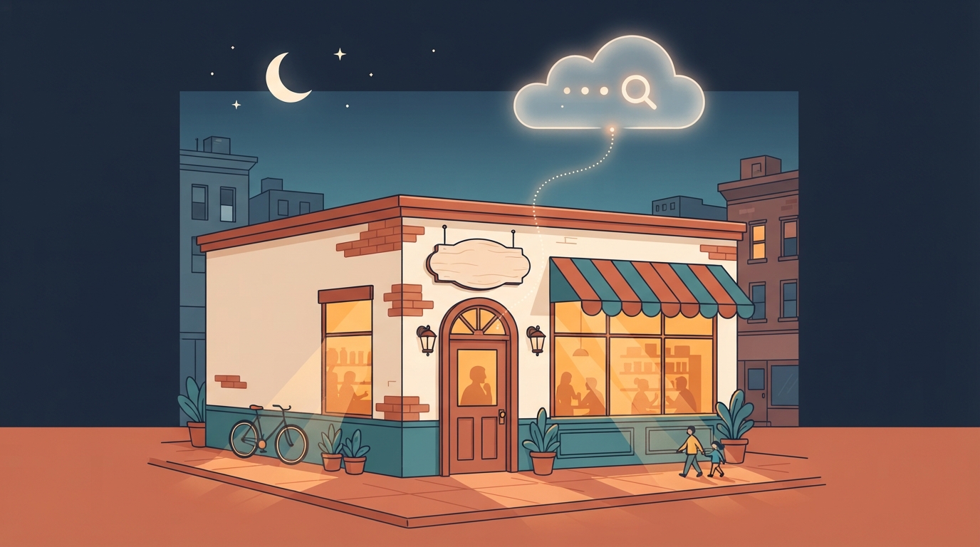 Small local storefront glowing at dusk with a light thread rising toward an AI search cloud